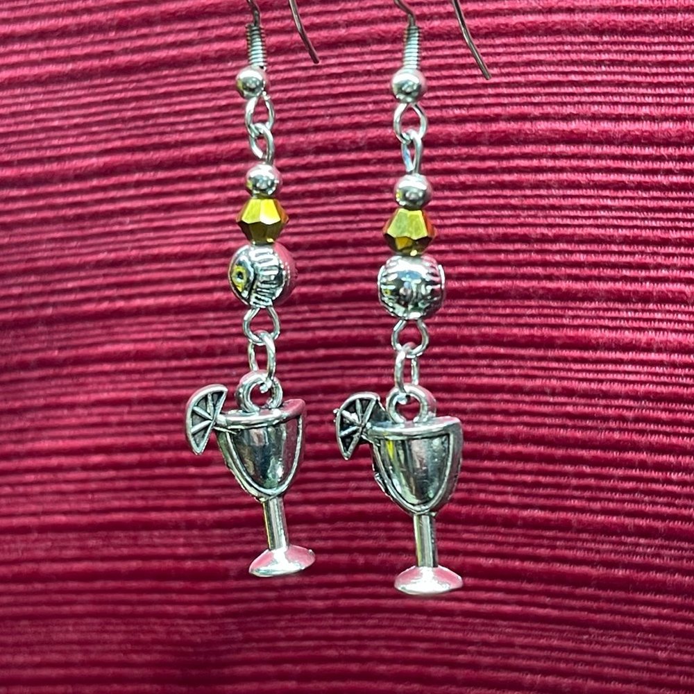 Fun Silver Colored Margarita or Daiquiri Glass Earrings. Brand New & Handmade.
